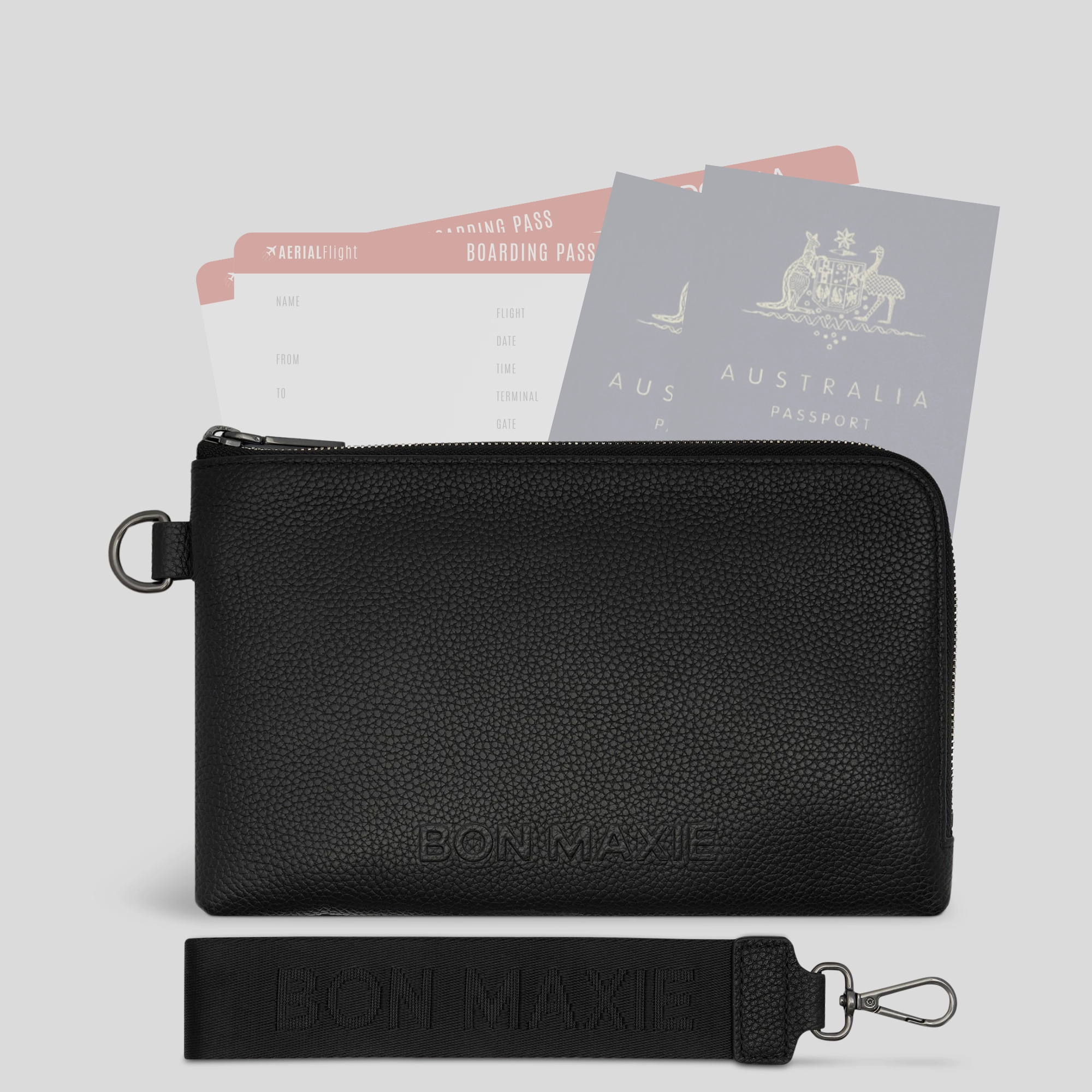 High Capacity Urban Functionality Multi-Pocket Travel Wallet in full-grain pebbled leather -- Black