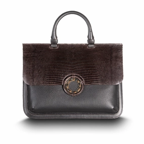 Sydney Convertible Satchel - Dark Brown Lizard & Leather, Topaz Grommet Casual Travel