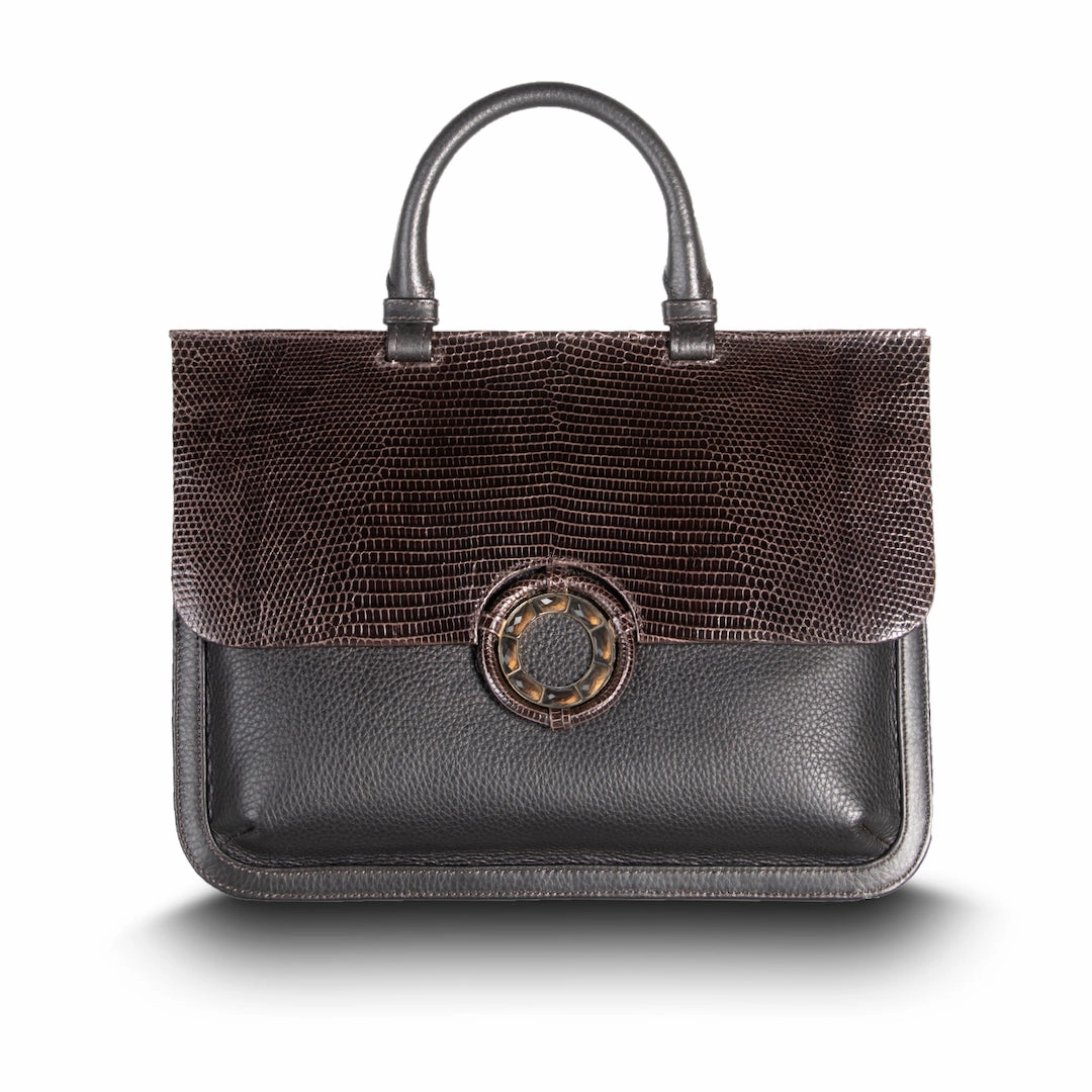 Sydney Convertible Satchel - Dark Brown Lizard & Leather, Topaz Grommet Casual Travel