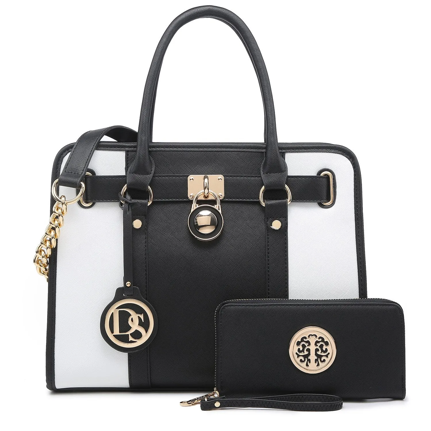 Neutral Color Two Tone Satchel Top Handle Bags Work Tote with Matching Wallet l Dasein