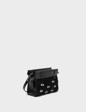 Vali Crossbody Micro Black Leather Bag - Eyes Applique Adjustable Handle Daily Craft Chic Everyday