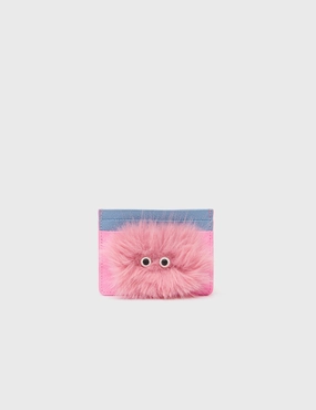 Unisex Option Filium Bubblegum Pink Leather Cardholder - Fuzzy Monster Applique Gift Idea Travel Gear