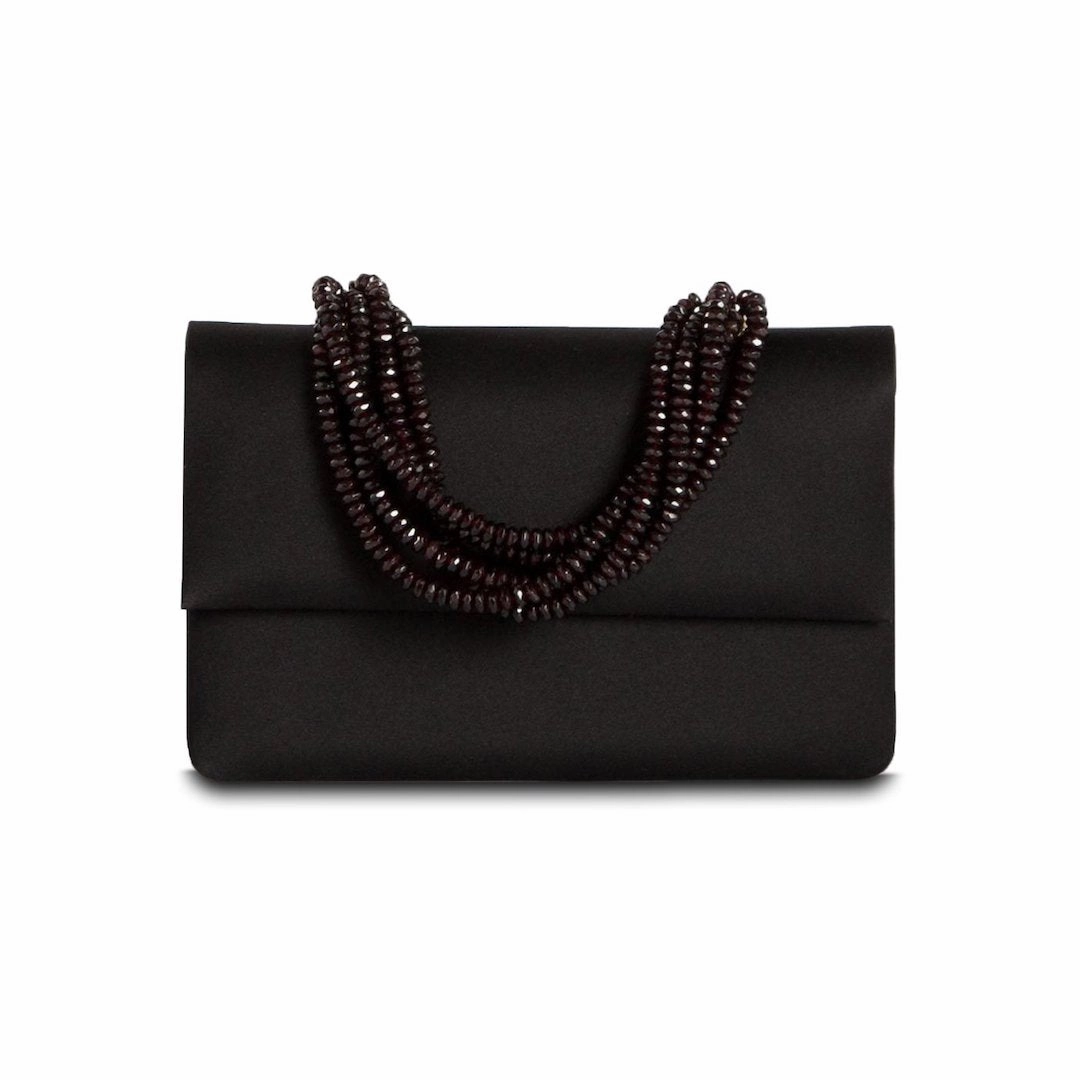 Work Travel Necklace Handbag - Black Silk with Garnet Handle