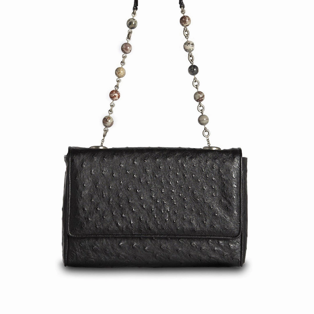 Chain & Jewel Shoulder Bag - Black, Jasper Handle Compact Journey Sleek Design