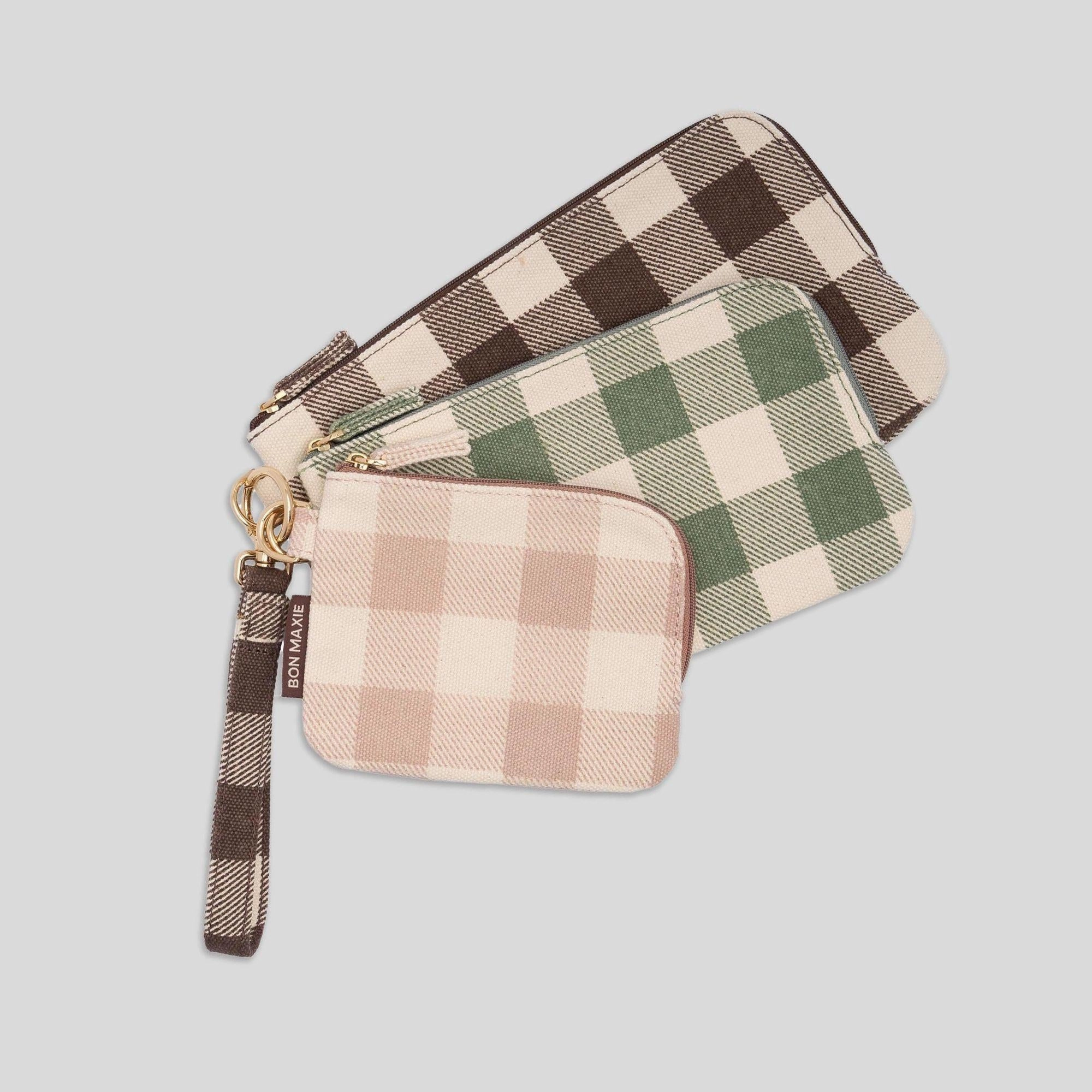 Classic Form Minimalist currency keeper Bag Buddy Pouch Set of 3 with wrist strap -- Muted Gingham