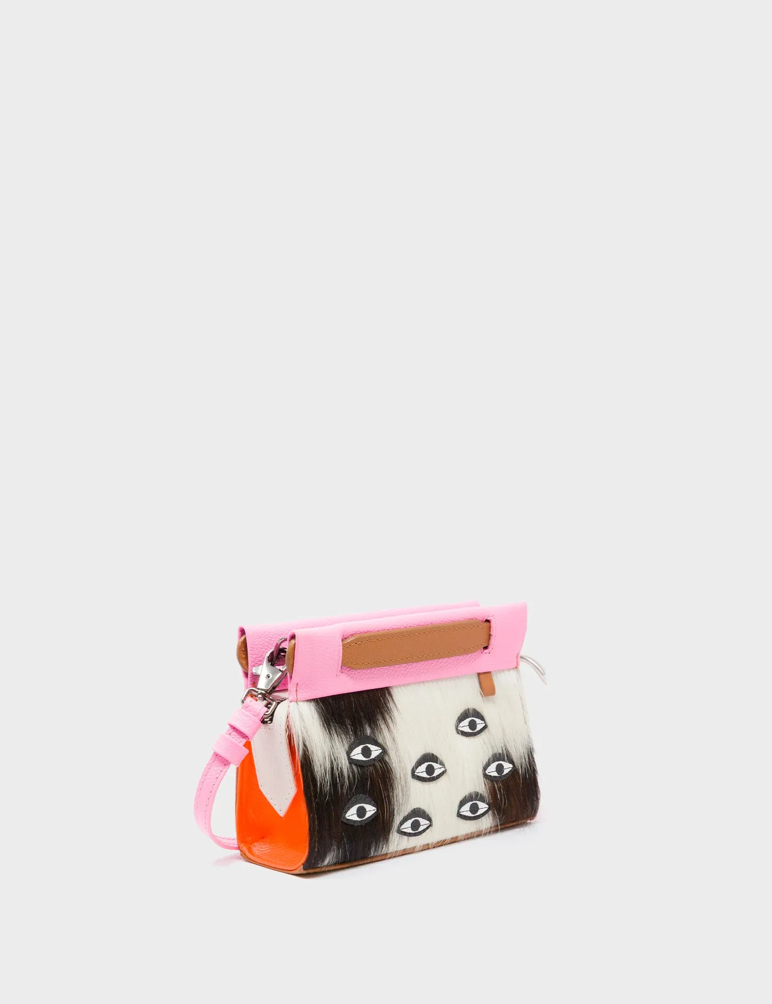 Vali Crossbody Micro Bubblegum Pink and Neon Orange Leather Bag - Eyes Applique Adjustable Handle Practical Storage