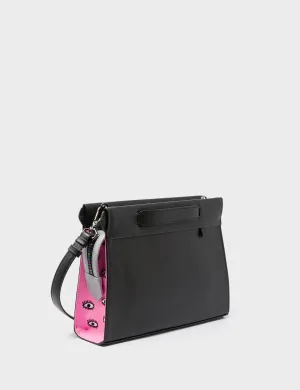 Vali Crossbody Small Black and Bubblegum Pink Leather Bag - All Over Eyes Embroidery Subtle Sophistication