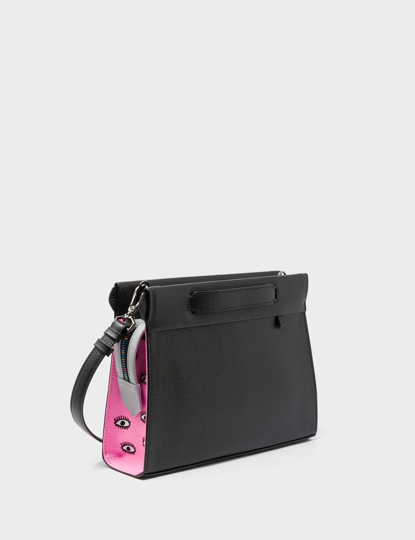 Vali Crossbody Small Black and Bubblegum Pink Leather Bag - All Over Eyes Embroidery Comfortable design that provides hands-free convenience throughout the day Timeless Charm