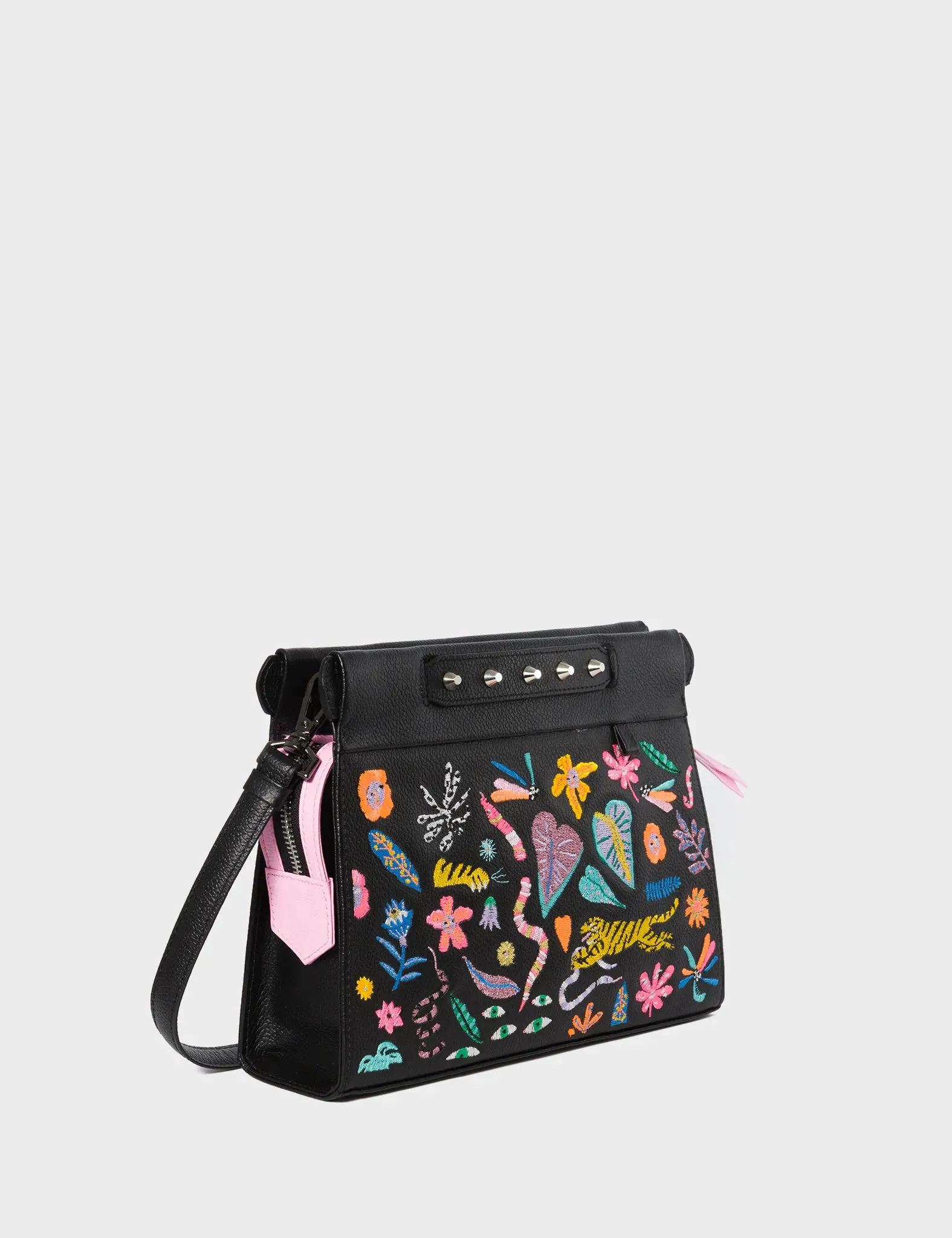 Sleek Accent Stylish Urban Life Vali Crossbody Small Black Leather Bag - Autumn Blush Embroidery