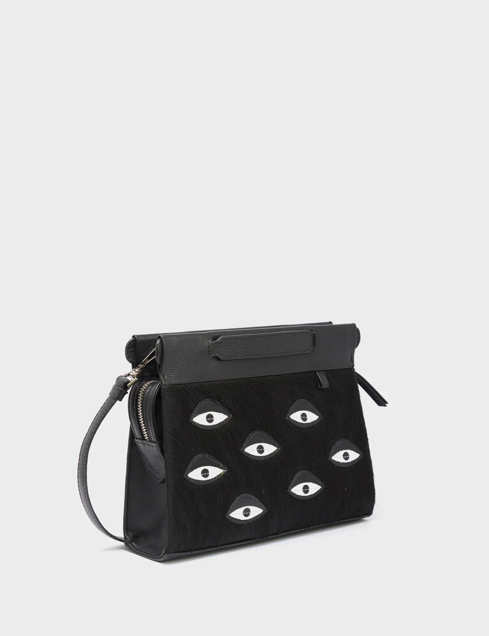 Vali Crossbody Small Black Leather Bag - Eyes Applique Adjustable Handle Simple yet chic design perfect for any occasion