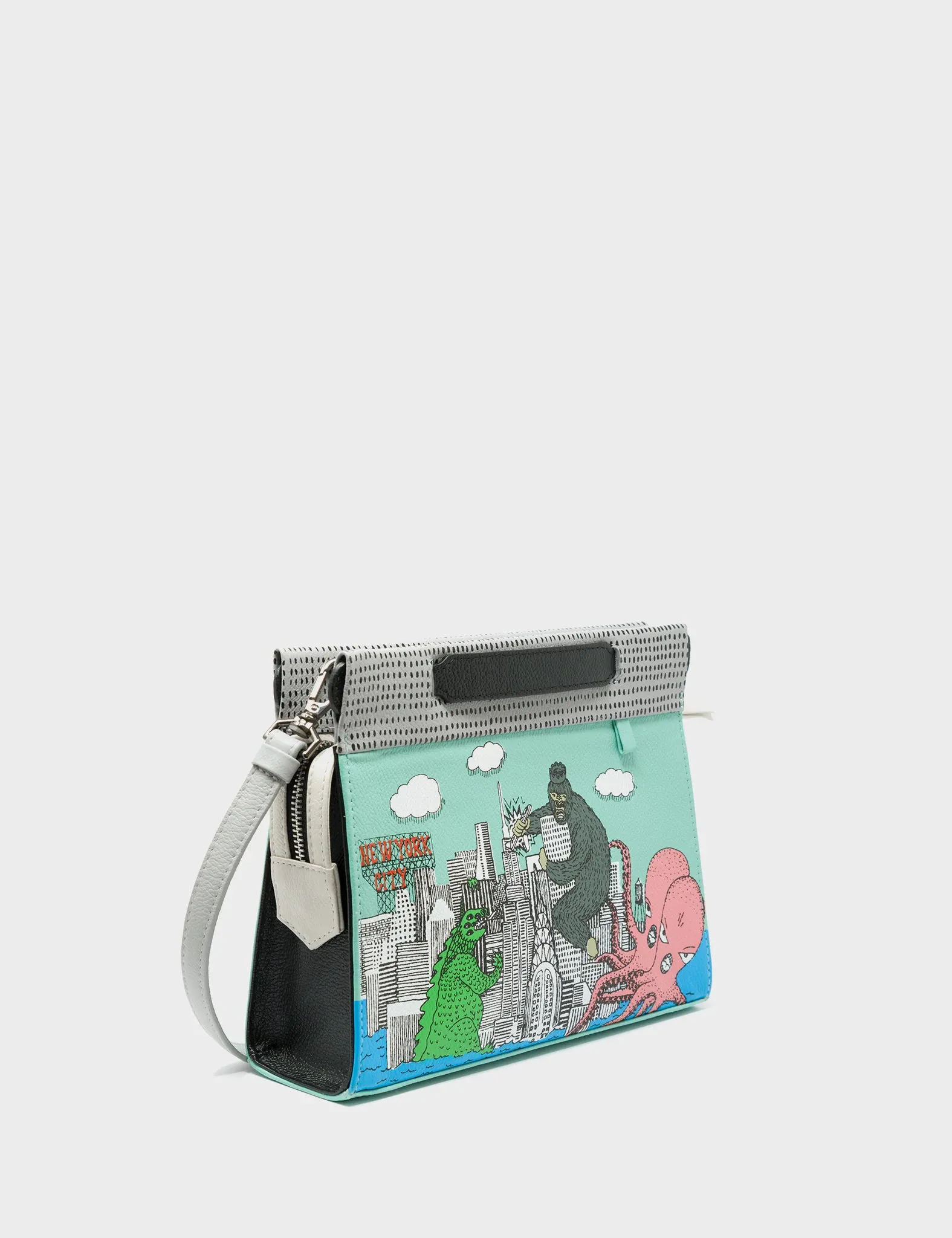 Vali Small Crossbody Oceanic Green and Black Leather Bag - Hairy Harold Print Stylish Urban Life Practical Urban Design
