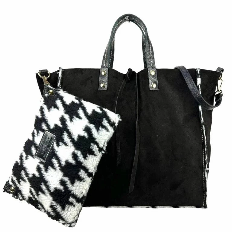 Italian Suede Leather Shopper Black Handbag Set Work Necessity