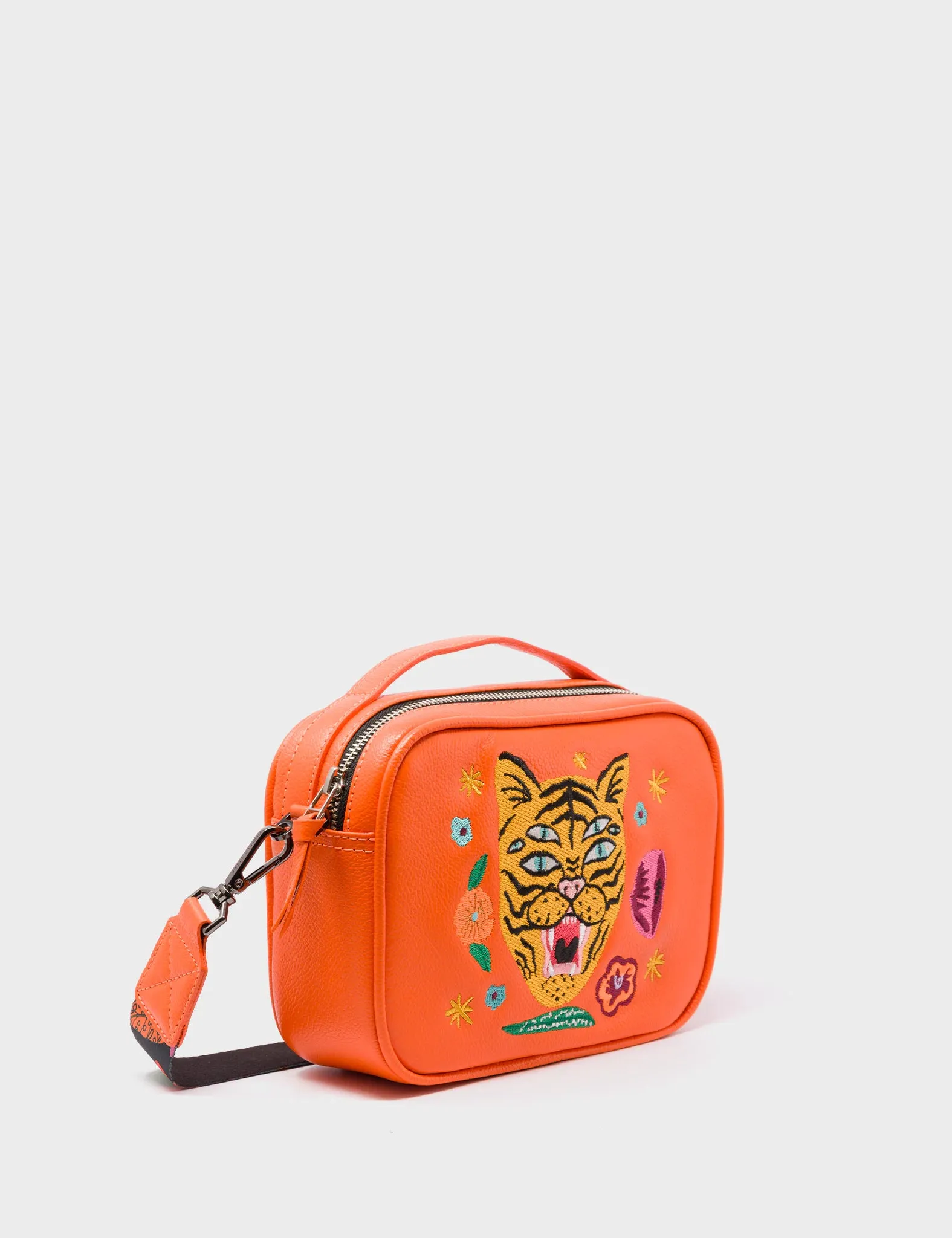 Outdoor Minimal Look Verto Crossbody Vermillion Orange Leather Handbag - Tiger and Flowers Embroidery