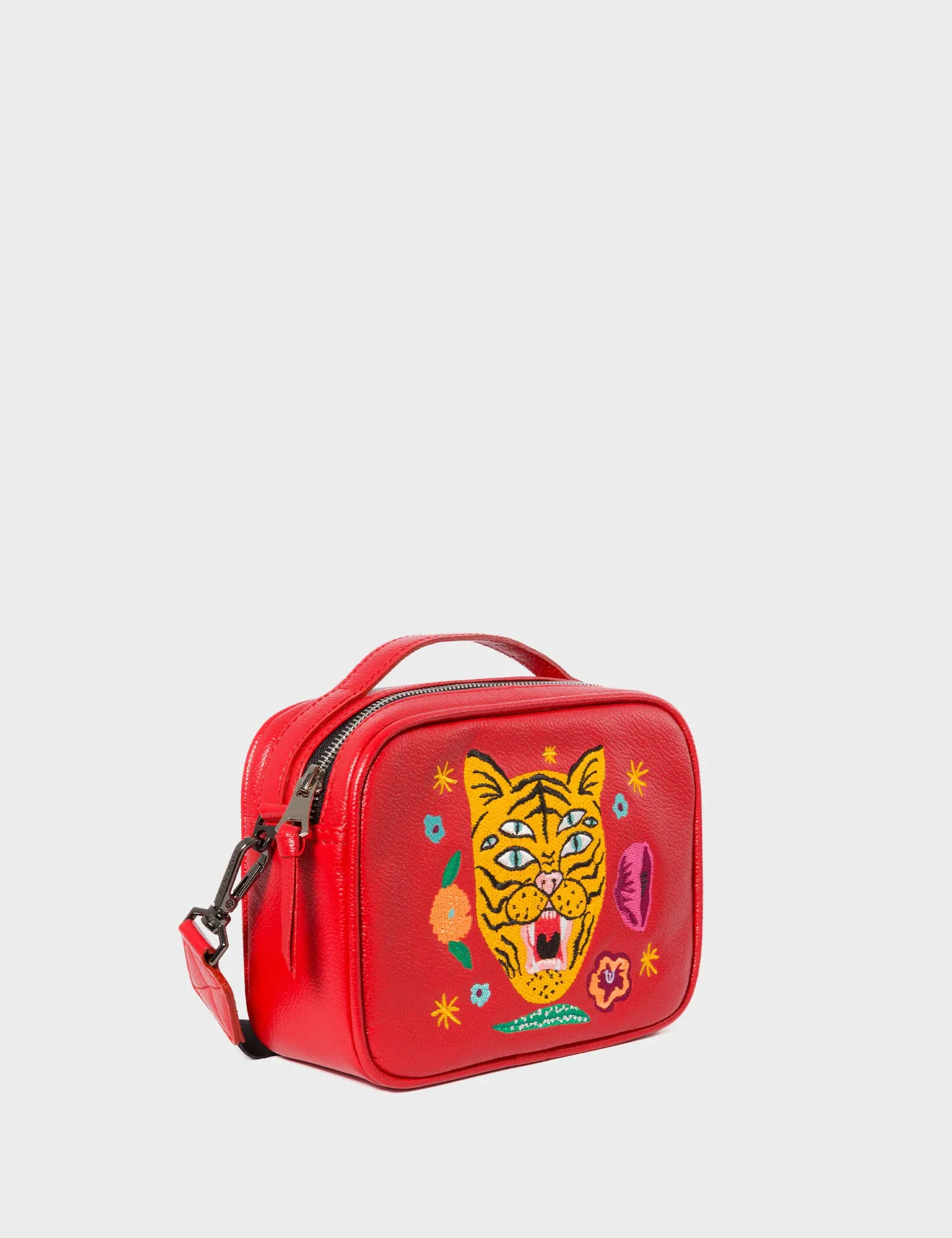 Verto Jester Red Leather Crossbody Bag - Happy Tiger Embroidery Smooth finish that gives the bag an elegant and refined appearance