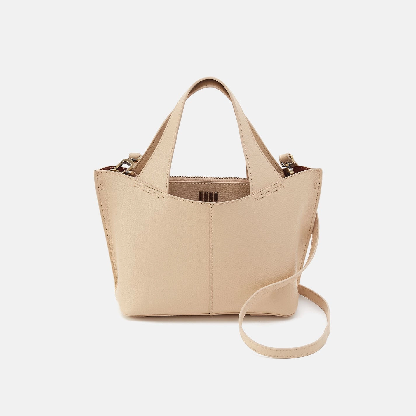 Embroidered Shopper Vida Small Tote in Micro Pebbled Leather - Almond