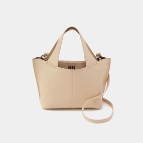 Embroidered Shopper Vida Small Tote in Micro Pebbled Leather - Almond