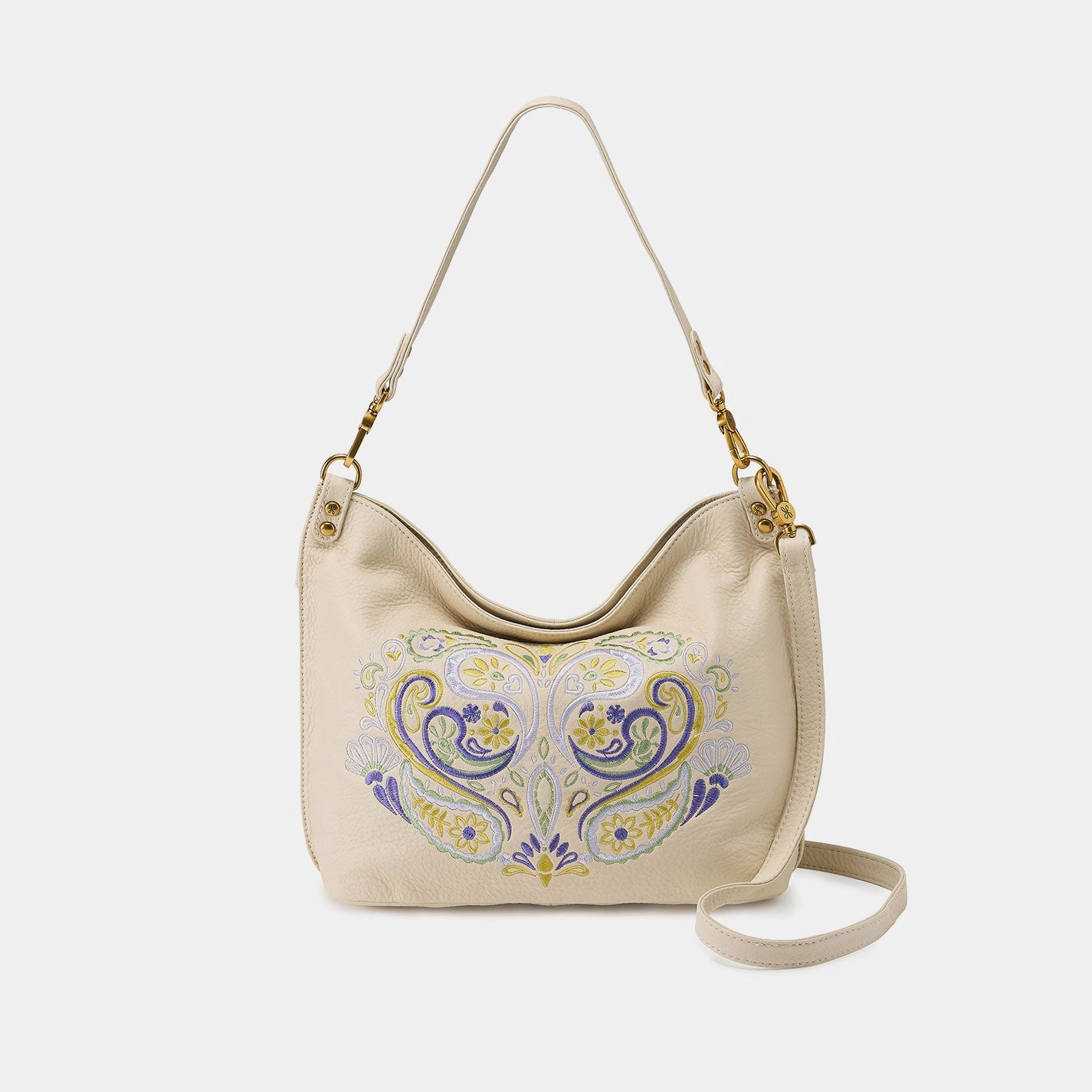 Work Utility Pier Shoulder Bag In Pebbled Leather - Embroidered Birch